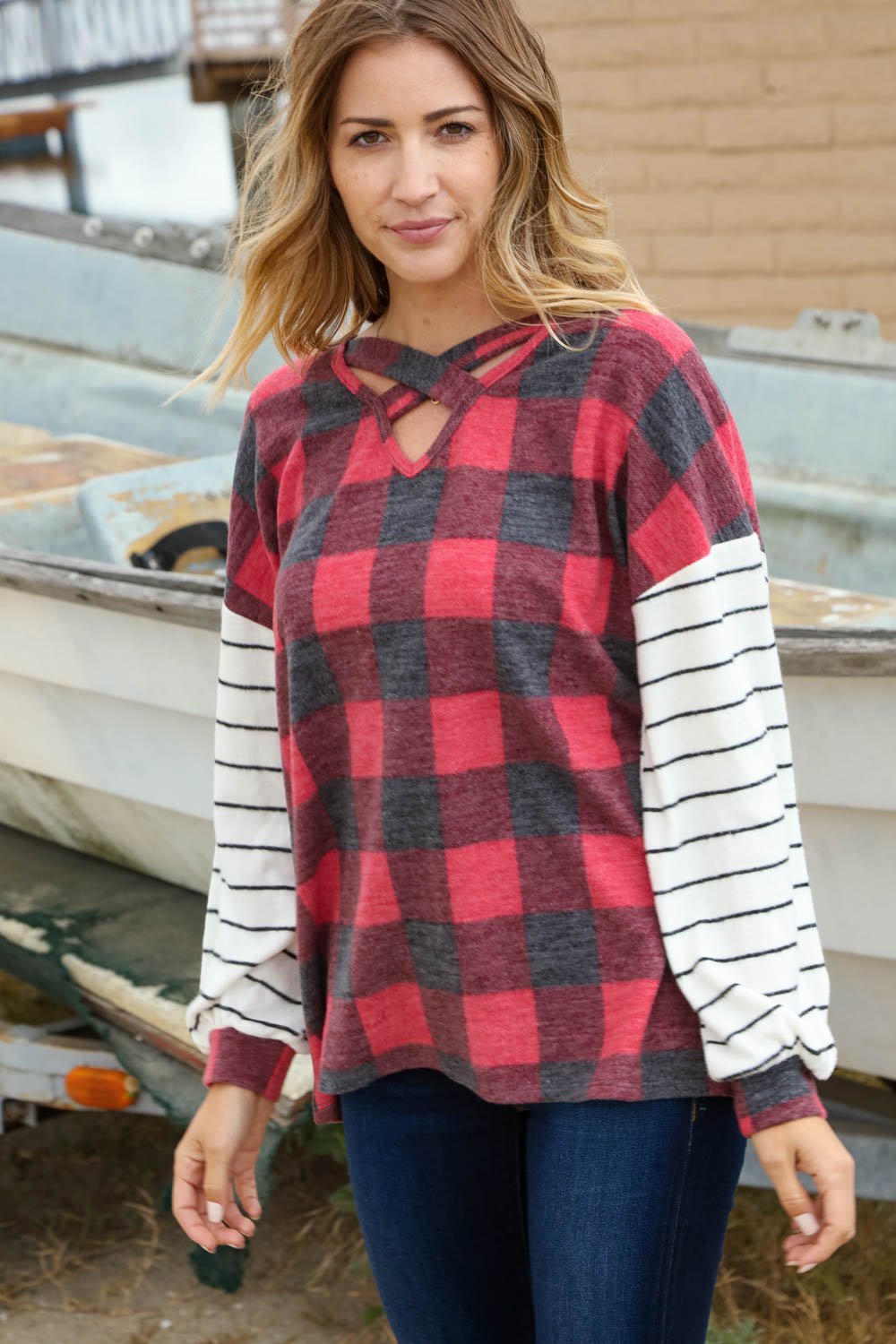 Plaid Criss Cross Stripe Sleeve Pullover