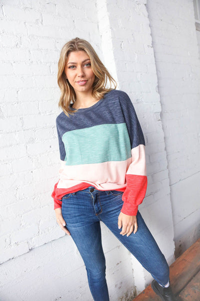 Navy Blue Color Block Crew Neck Textured Top