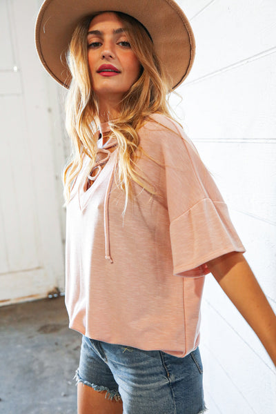 Rose Drop Shoulder Lace Up Terry Knit Top