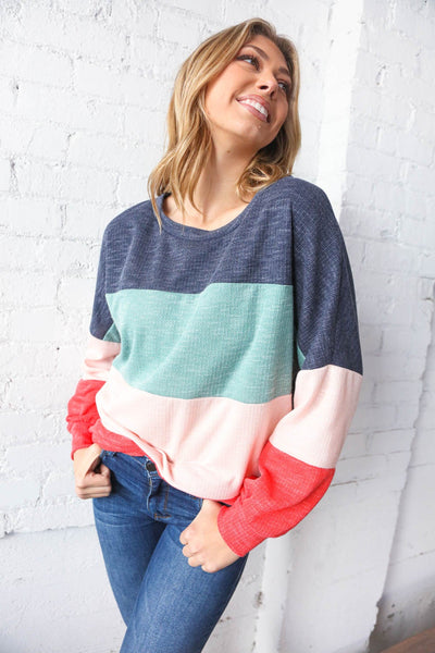 Navy Blue Color Block Crew Neck Textured Top