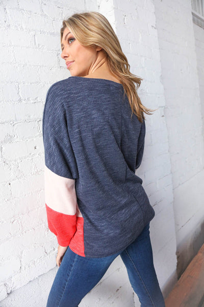 Navy Blue Color Block Crew Neck Textured Top