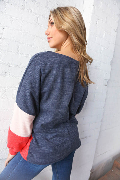 Navy Blue Color Block Crew Neck Textured Top