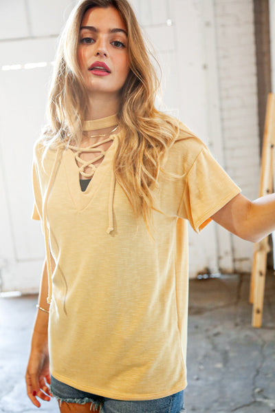 Sunflower Drop Shoulder Lace Up Terry Knit Top