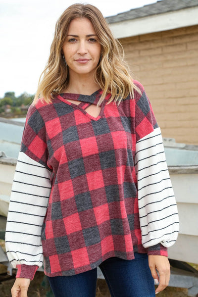 Plaid Criss Cross Stripe Sleeve Pullover