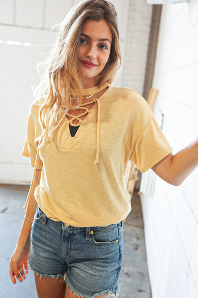 Sunflower Drop Shoulder Lace Up Terry Knit Top