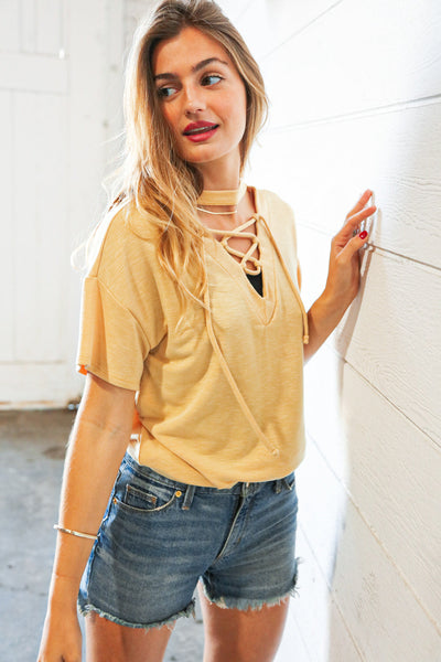 Sunflower Drop Shoulder Lace Up Terry Knit Top