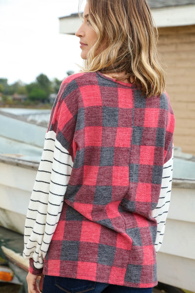 Plaid Criss Cross Stripe Sleeve Pullover