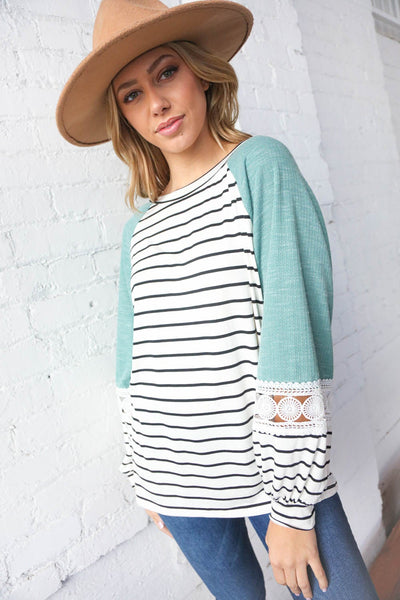 Teal Two Tone Stripe Crochet Lace Raglan Top