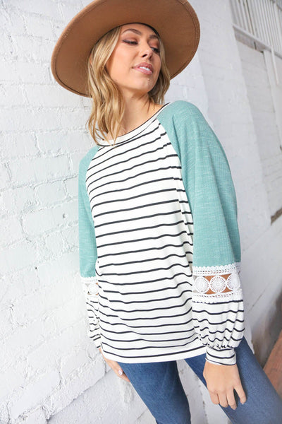 Teal Two Tone Stripe Crochet Lace Raglan Top