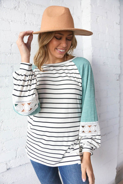 Teal Two Tone Stripe Crochet Lace Raglan Top