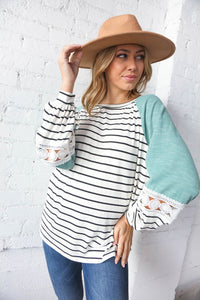 Teal Two Tone Stripe Crochet Lace Raglan Top