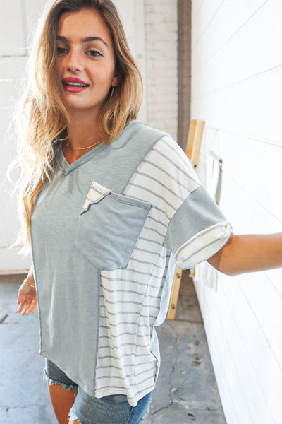 Grey Blue Terry V Neck Color Block Stripe Loose Fit Top