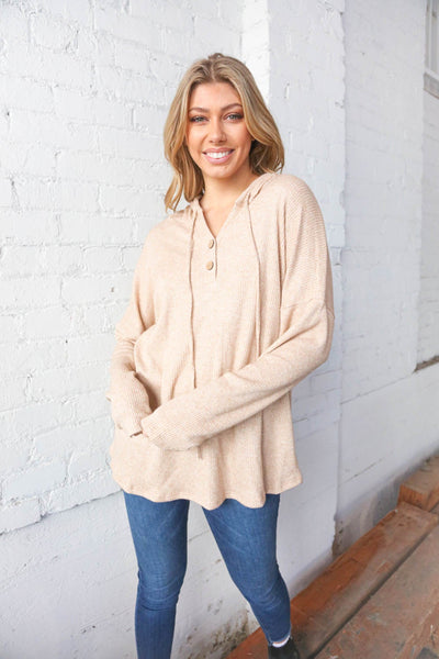 Taupe Rib Waffle Knit Button Henley Hoodie