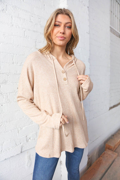 Taupe Rib Waffle Knit Button Henley Hoodie