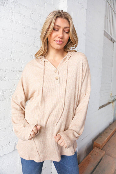 Taupe Rib Waffle Knit Button Henley Hoodie