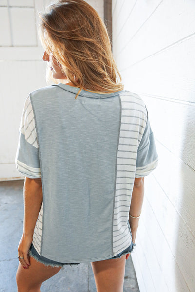 Grey Blue Terry V Neck Color Block Stripe Loose Fit Top