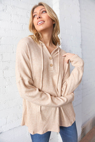 Taupe Rib Waffle Knit Button Henley Hoodie