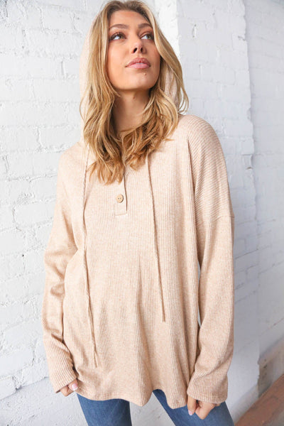 Taupe Rib Waffle Knit Button Henley Hoodie