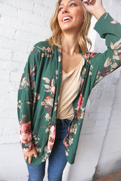 French Terry Floral  Print Open Cardigan