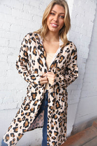 Animal Print Brushed Knit Pocketed Cardigan Hoodie