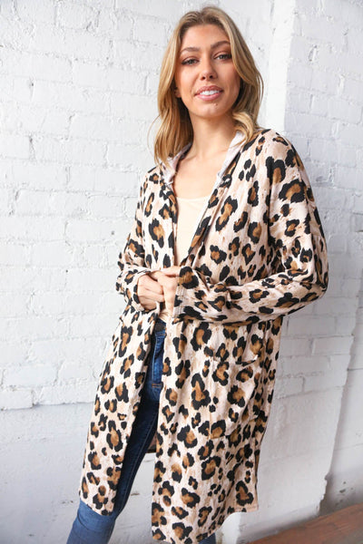 Animal Print Brushed Knit Pocketed Cardigan Hoodie