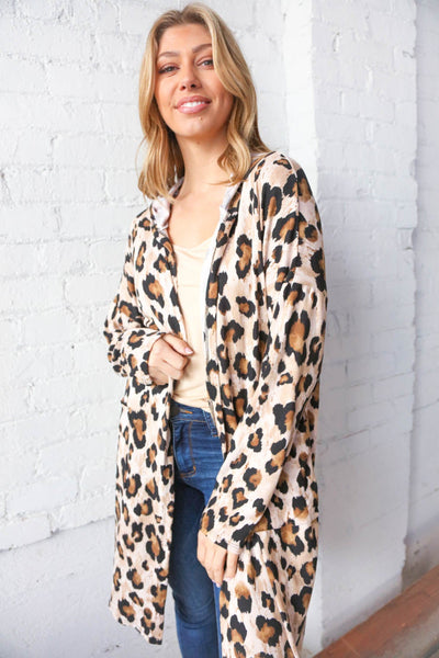 Animal Print Brushed Knit Pocketed Cardigan Hoodie