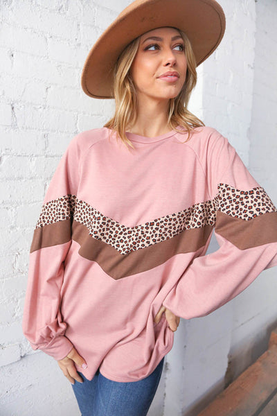 Plum & Taupe Rib Leopard Print Chevron Pullover