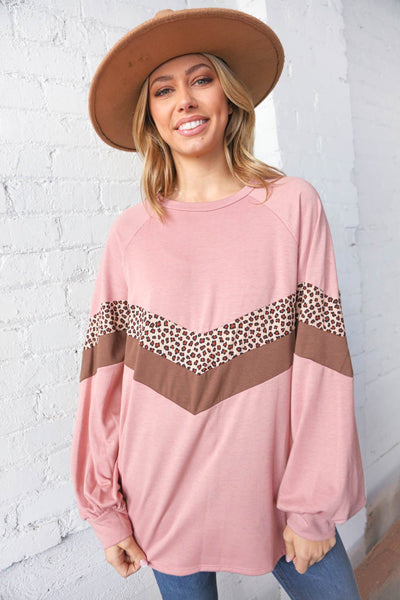 Plum & Taupe Rib Leopard Print Chevron Pullover