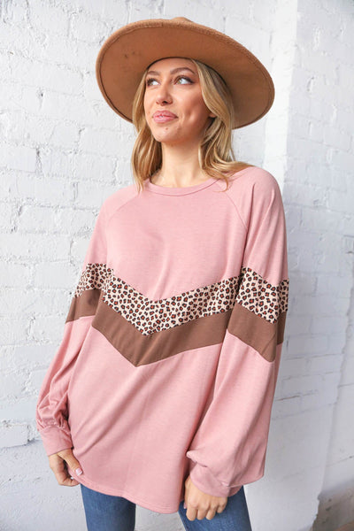 Plum & Taupe Rib Leopard Print Chevron Pullover