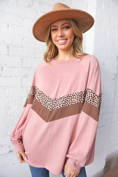 Plum & Taupe Rib Leopard Print Chevron Pullover