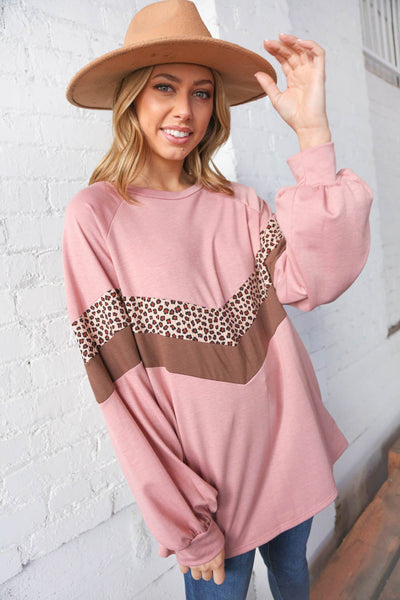 Plum & Taupe Rib Leopard Print Chevron Pullover