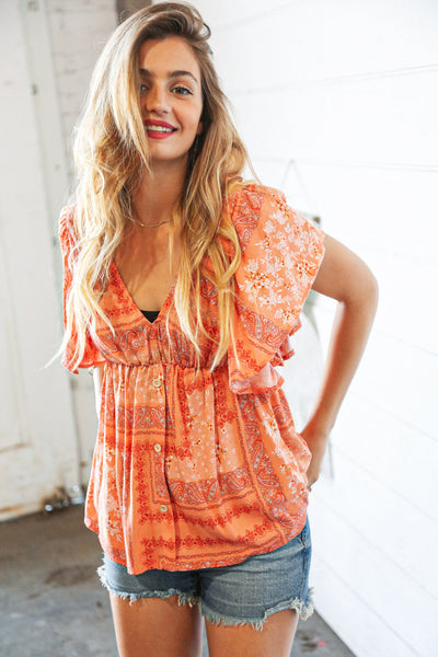 Peach Boho Floral Baby Doll Peplum Woven Blouse