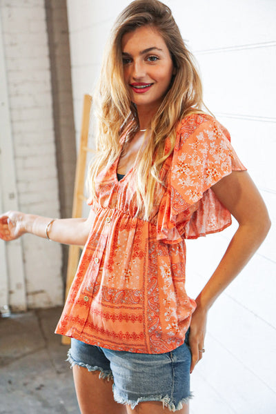 Peach Boho Floral Baby Doll Peplum Woven Blouse