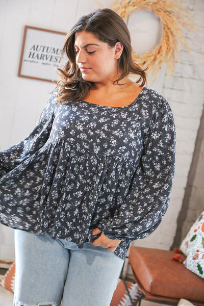 Charcoal Crinkle Floral Lace-Up Woven Bubble Sleeve Top