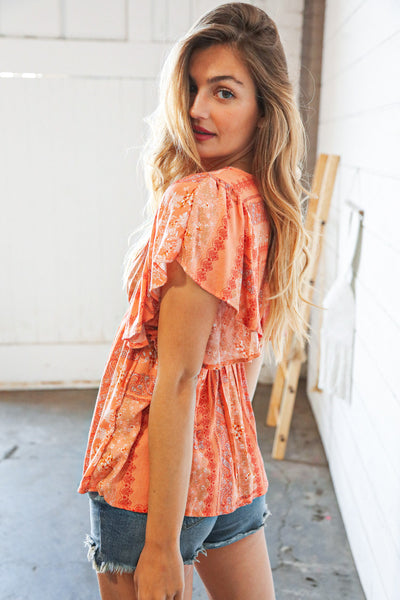 Peach Boho Floral Baby Doll Peplum Woven Blouse