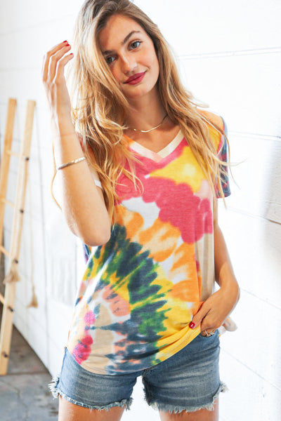 Multicolor Tie Dye Terry V Neck Short Sleeve Top