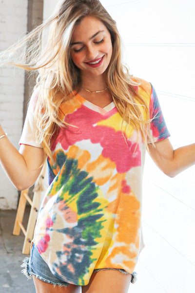 Multicolor Tie Dye Terry V Neck Short Sleeve Top