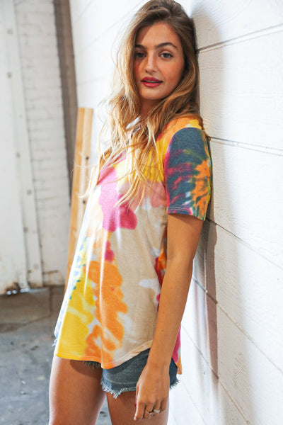 Multicolor Tie Dye Terry V Neck Short Sleeve Top