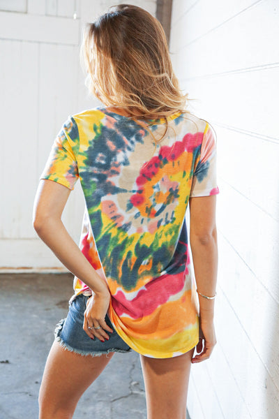 Multicolor Tie Dye Terry V Neck Short Sleeve Top