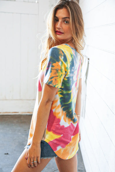 Multicolor Tie Dye Terry V Neck Short Sleeve Top