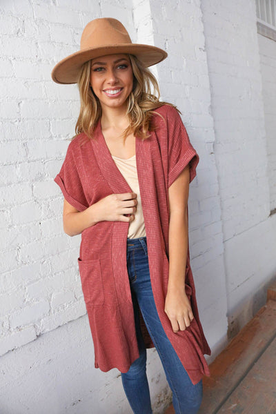 Currant Rib Knit Cuffed Short Sleeve Duster Cardigan