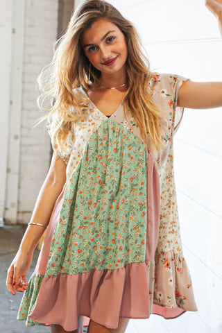 Beige/Mint Floral Color Block Patchwork Babydoll Dress