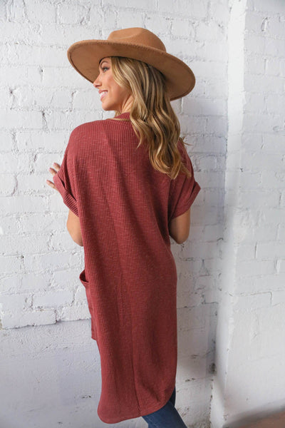 Currant Rib Knit Cuffed Short Sleeve Duster Cardigan