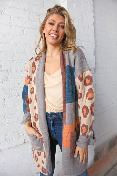 Multicolor Stripe & Leopard Color Block Pocket Cardigan