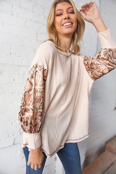 Cream Waffle Knit and Silky Snakeskin Sleeve Top