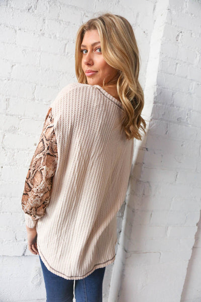 Cream Waffle Knit and Silky Snakeskin Sleeve Top