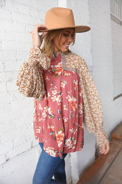 Mauve & Taupe Ditzy Floral Braided Ruffle Bubble Sleeve Blouse