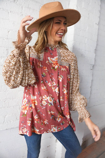 Mauve & Taupe Ditzy Floral Braided Ruffle Bubble Sleeve Blouse