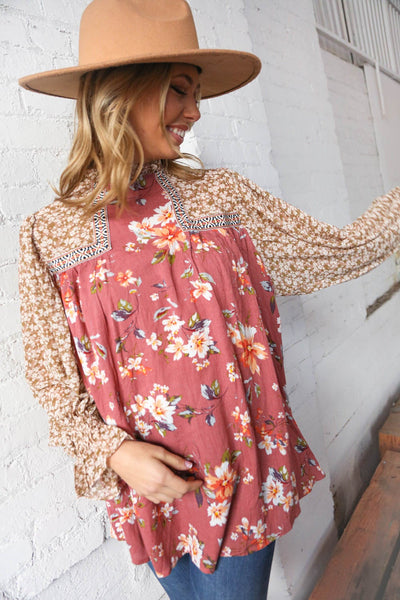 Mauve & Taupe Ditzy Floral Braided Ruffle Bubble Sleeve Blouse