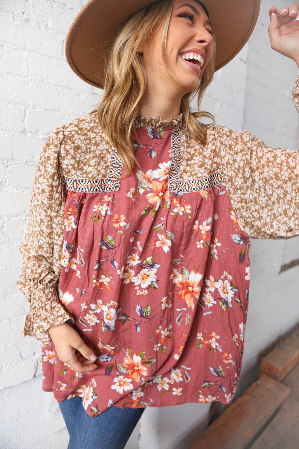 Mauve & Taupe Ditzy Floral Braided Ruffle Bubble Sleeve Blouse